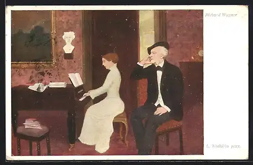 Künstler-AK Richard Wagner und Dame am Klavier