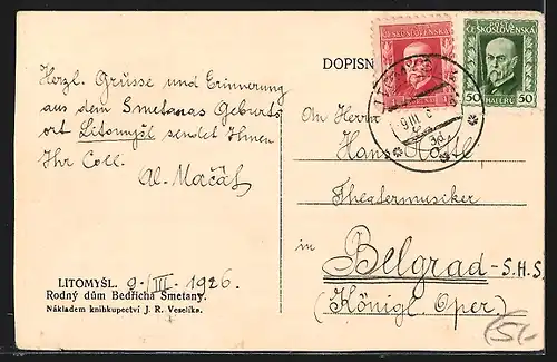 Lithographie Litomysl, Portrait des Komponisten Bedrich Smetana