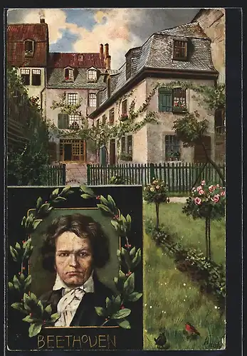 Künstler-AK Bonn, Beethovenhaus- und Portrait