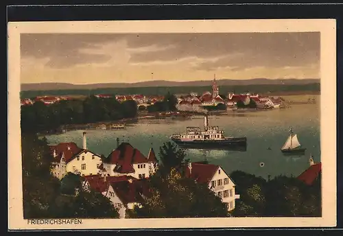 AK Friedrichshafen a. B., Ortsansicht mit Bodensee und Dampfer
