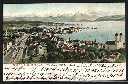 AK Friedrichshafen, Totalansicht mit Bodensee