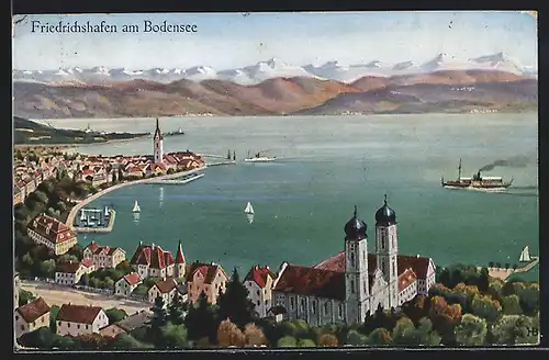 AK Friedrichshafen am Bodensee, Teilansicht mit See und Gebirgskette