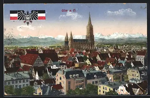 AK Ulm a. D., Teilansicht mit Alpenpanorama, Wappen