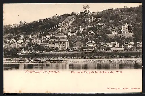 AK Loschwitz bei Dresden, Berg-Schwebebahn, vom Wasser gesehen