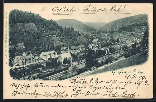 AK Calw, Ortsansicht mit Eisenbahntrasse