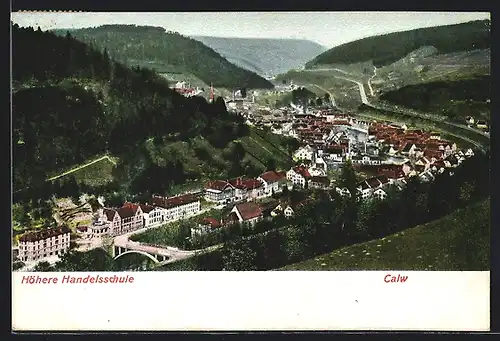 AK Calw, Ortsansicht mit Höherer Handelsschule aus der Vogelschau