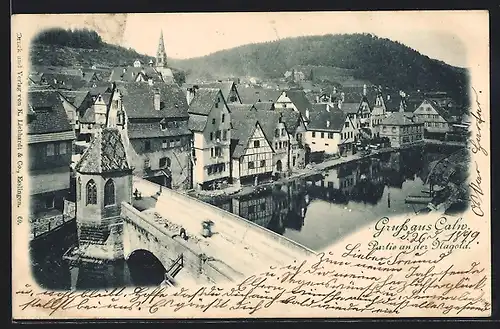 AK Calw, Ortspartie mit Brücke und Nagold