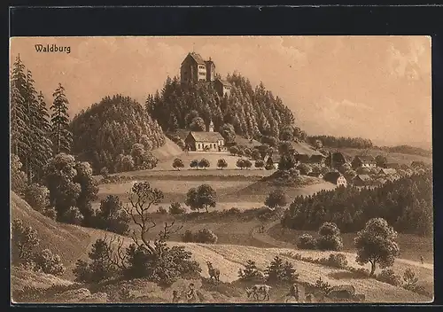 AK Waldburg, Ortsansicht mit Feldern aus der Vogelschau