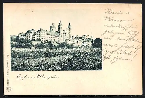 AK Weingarten, Teilansicht mit Kirche vom Ortsrand aus