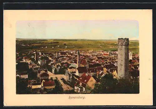 AK Ravensburg, Totalansicht mit Turm und Fernblick