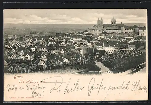 AK Weingarten, Ortsansicht aus der Vogelschau mit Blick ins Land