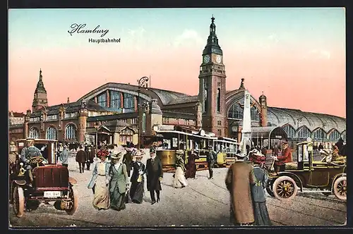 AK Hamburg-St.Georg, Hauptbahnhof mit Strassenbahn und Auto