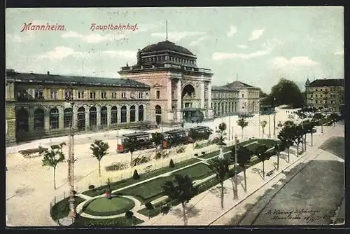 AK Mannheim, Strassenbahn vor dem Hauptbahnhof