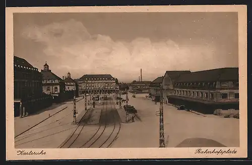 AK Karlsruhe, Bahnhofsplatz aus der Vogelschau