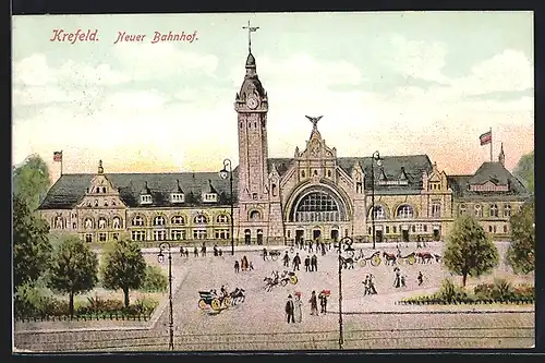 AK Krefeld, Kutschen vor dem Neuen Bahnhof