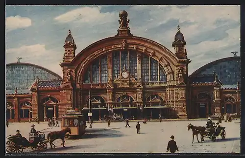 AK Frankfurt a. M., Hauptbahnhof mit Kutschen und Strassenbahn