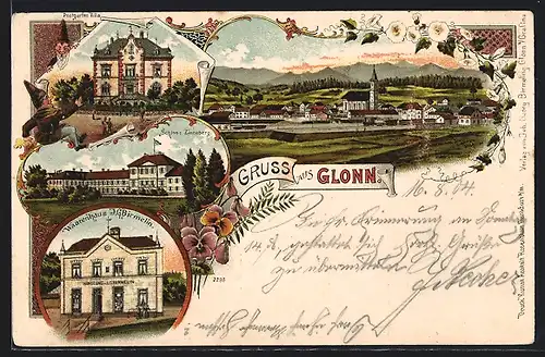 Lithographie Glonn, Warenhaus J. G. Birmelin, Schloss Zinneberg, Postgarten Villa