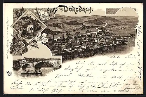 Lithographie Dörzbach, Kapelle St. Wendel am Stein, Totalansicht, Brücke