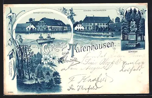 Lithographie Tatenhausen, Gasthof Hoffschulte, Schloss Tatenhausen, Simson
