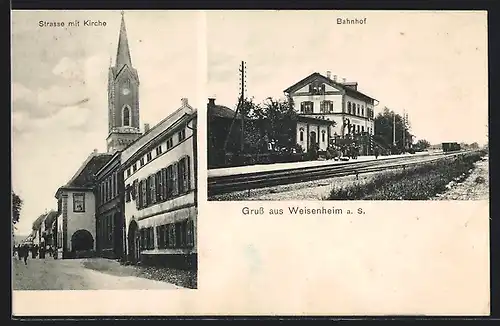 AK Weisenheim a. S., Bahnhof, Strasse mit Kirche