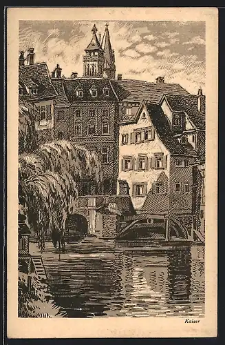 Künstler-AK Esslingen, 31. Schwäb. Liederfest 1925, Ortsblick mit Flusspartie