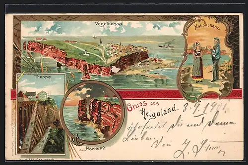 Lithographie Helgoland, Teilansicht aus der Vogelschau, Treppe, Nordcap