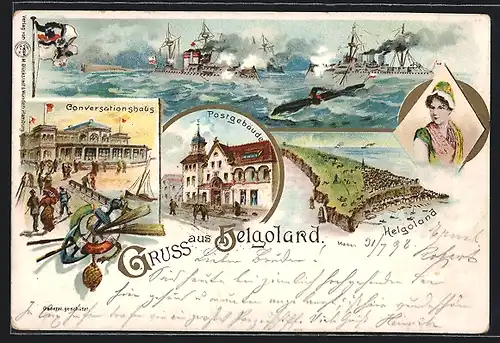 Lithographie Helgoland, Conversationshaus, Postgebäude, Kriegsschiffe auf hoher See