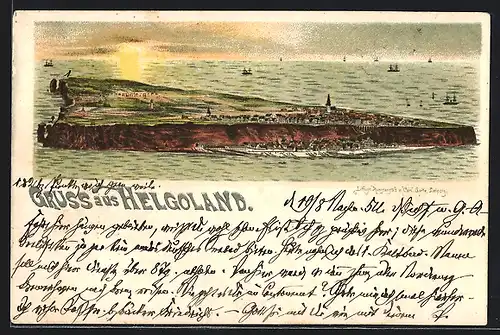 Lithographie Helgoland, Totalansicht bei Sonnenuntergang