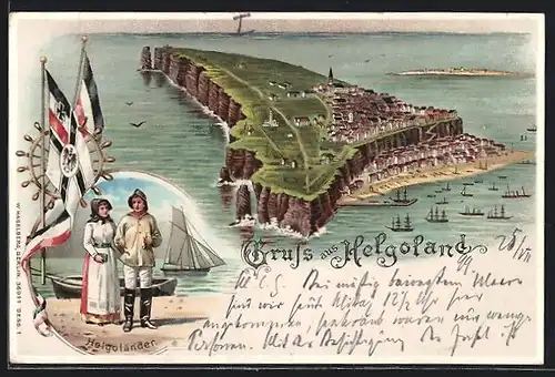 Lithographie Helgoland, Insel Helgoland mit Schiffen und Helgoländern