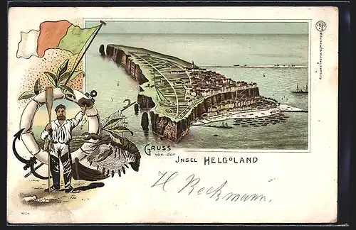 Lithographie Helgoland, Blick auf die Insel, Fischer mit Rettungsring und Helgoländer Flagge