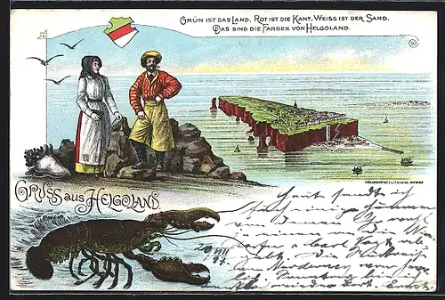 Künstler-AK Helgoland, Totalansicht, Fischerpaar, Krebs