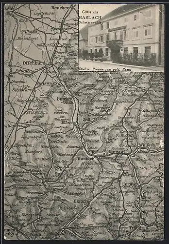 AK Haslach /Schwarzwald, Hotel & Pension zum gold. Kreuz, Landkarte der Umgebung