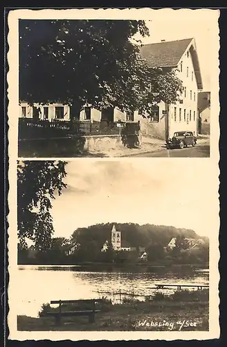 AK Wessling a. See, Gasthaus zur Post mit Garten und Strasse, Ortsansicht mit Kirche vom See aus
