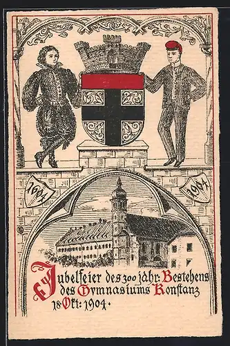 Künstler-AK Konstanz, Jubelfeier des 300 jährigen Bestehens des Gymnasiums 1904, Wappen, Festpostkarte