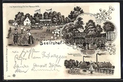 Lithographie Berlin-Nikolassee, Gasthaus Beelitzhof mit Garten, Dampfer-Landesstelle und Wasserwerke