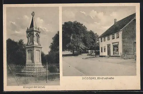 AK Rössing, Kirchstrasse mit Geschäftshaus, Kriegerdenkmal