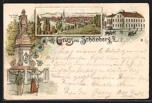 Lithographie Schönberg /O. L., Gasthof zum Hirsch, Kaiser-Wilhelm-Denkmal mit Besucherpaar, Ortsansicht