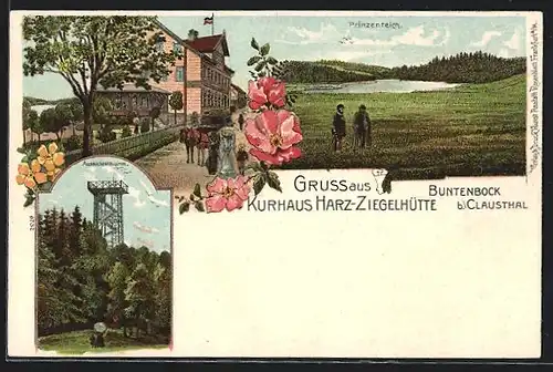 Lithographie Buntenbock, Kurhaus Harz-Ziegelhütte, Aussichtsturm, Prinzenteich
