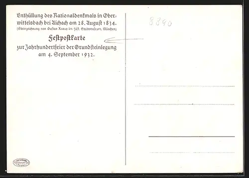 Künstler-AK Oberwittelsbach, Enthüllung des Nationaldenkmals am 28.8.1834