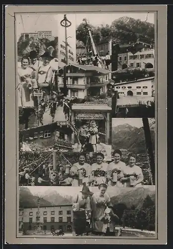 AK Reichenhall, Gaststätte Schroffen, Trachtengruppe, Ortsansicht, Collage des Trachtenvereins