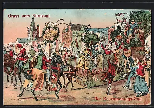 Lithographie Köln, Rosenmontags-Zug mit Motivwagen