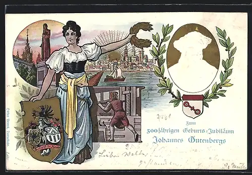 Lithographie Mainz, Panorama zur 500 jähr. Gutenberg Feier 1900, Arbeiter beim Buchdruck, Wappen