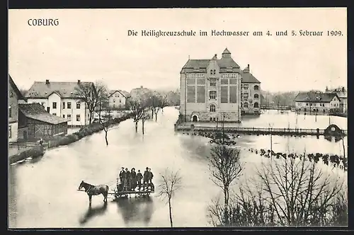 AK Coburg, Heiligkreuzschule im Hochwasser am 4. und 5. Februar 1909