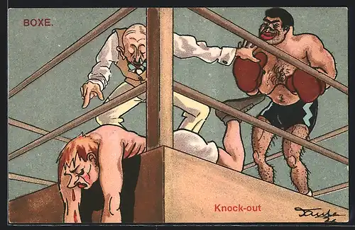 Künstler-AK Boxer liegt nach einem Knock-out am Boden