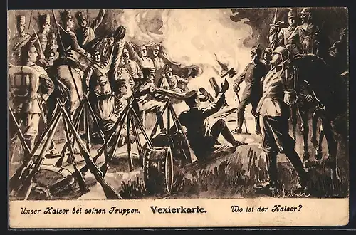 AK Kaiser Wilhelm II. bei seinen Truppen, Vexierkarte Wo ist der Kaiser?, optische Täuschung