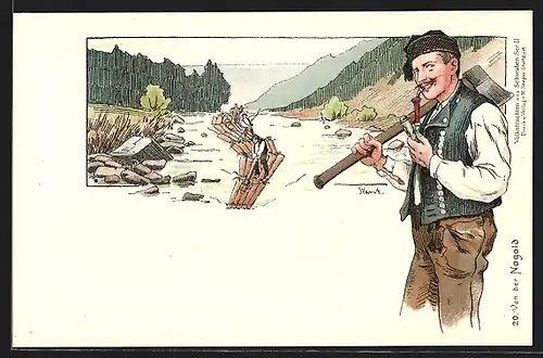 AK Flösser treiben das gefällte Holz den Fluss hinab