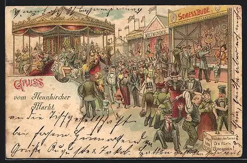 Lithographie Volksfest, Hau den Lucas, Riesendame, Weltwunder, Schiessbude, Karussell