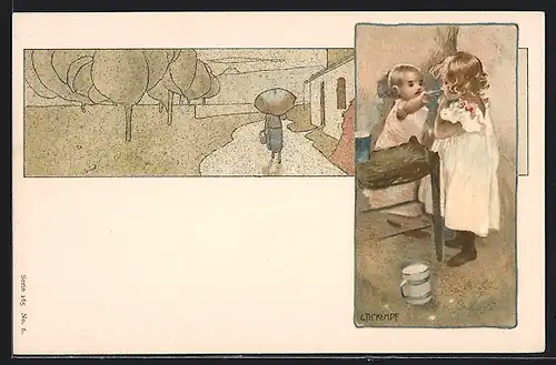 Künstler-AK sign.G. Th. von Kempf: Baby möchte seine Schwester füttern, Mutter beim Einkaufen, Jugendstil