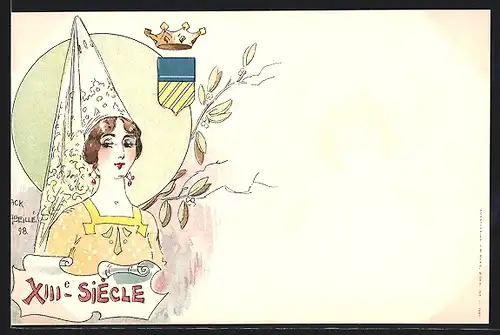 Künstler-AK sign. Jack Abeillé: XIII. Siècle, Burgfräulein in Mode des 13. Jahrhunderts, Jugendstil