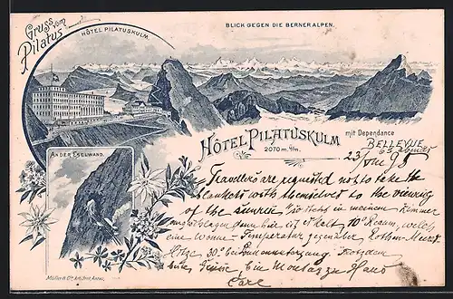 Vorläufer-Lithographie Pilatus, 1895, Hotel Pilatuskulm mit Dependance, Eselwand